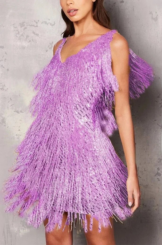 Sukienka koktajlowa damska – krój A, cekiny, frędzle - Arkadya Outlet - Women Mini Dress