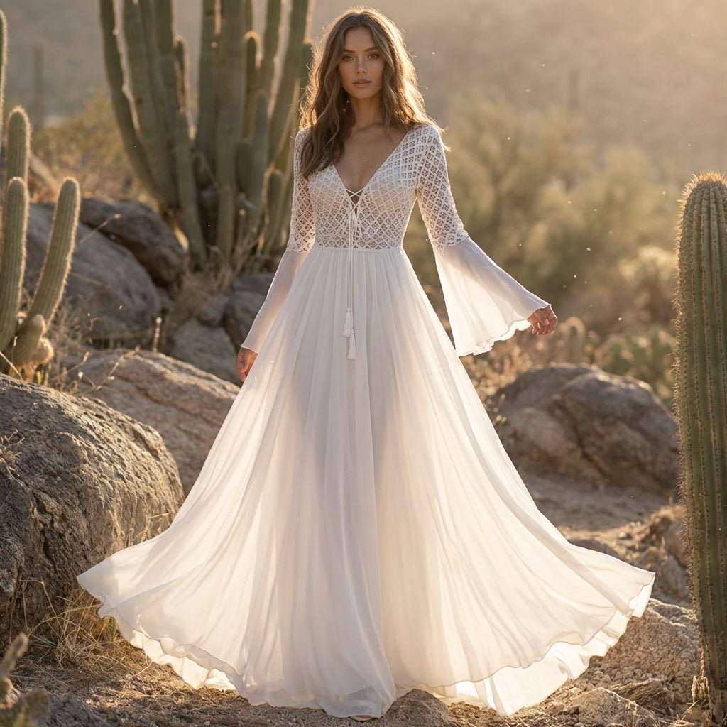 Sukienka maxi A - line z ażurowym gorsetem i długim rękawem - Arkadya Outlet - Women Maxi Dress