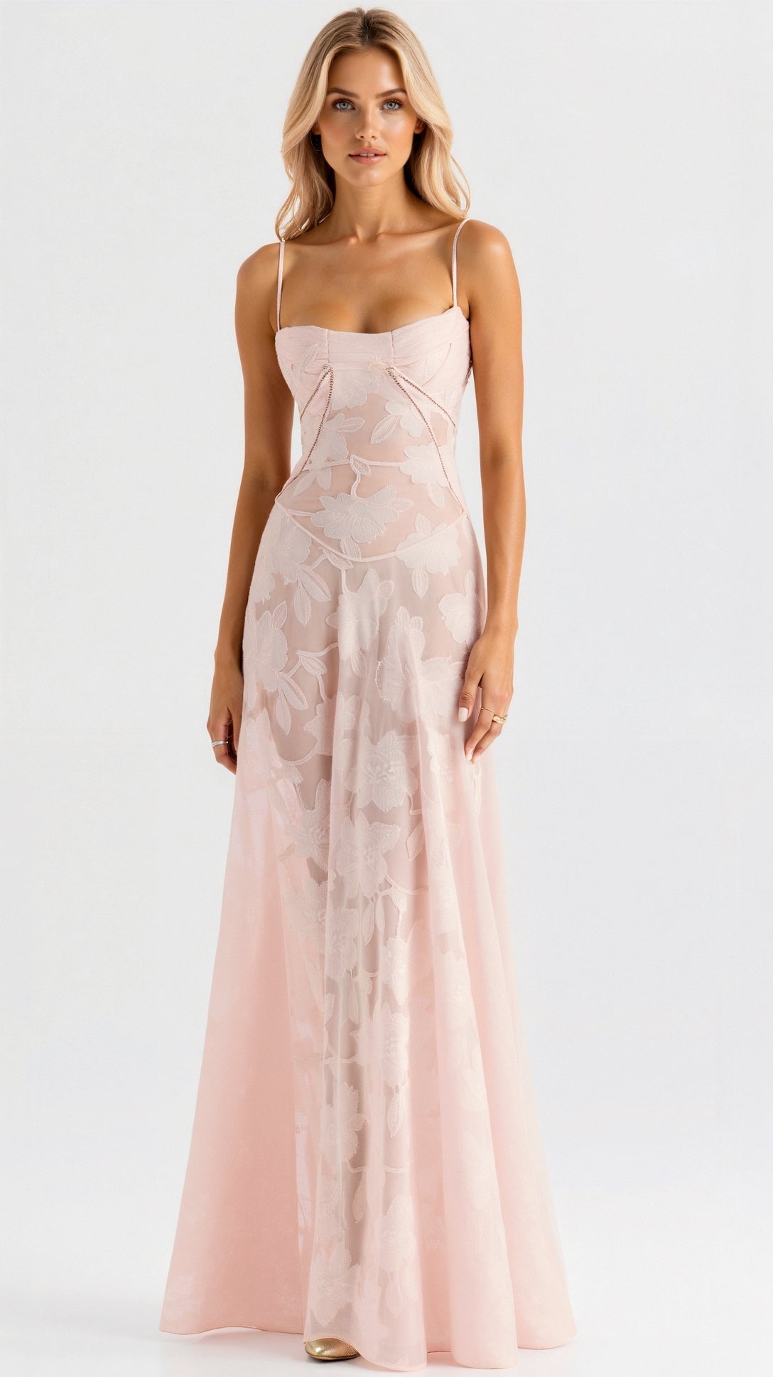 Sukienka maxi damska – cienkie ramiączka, gorsetowa góra - Arkadya Outlet - Women Maxi Dress