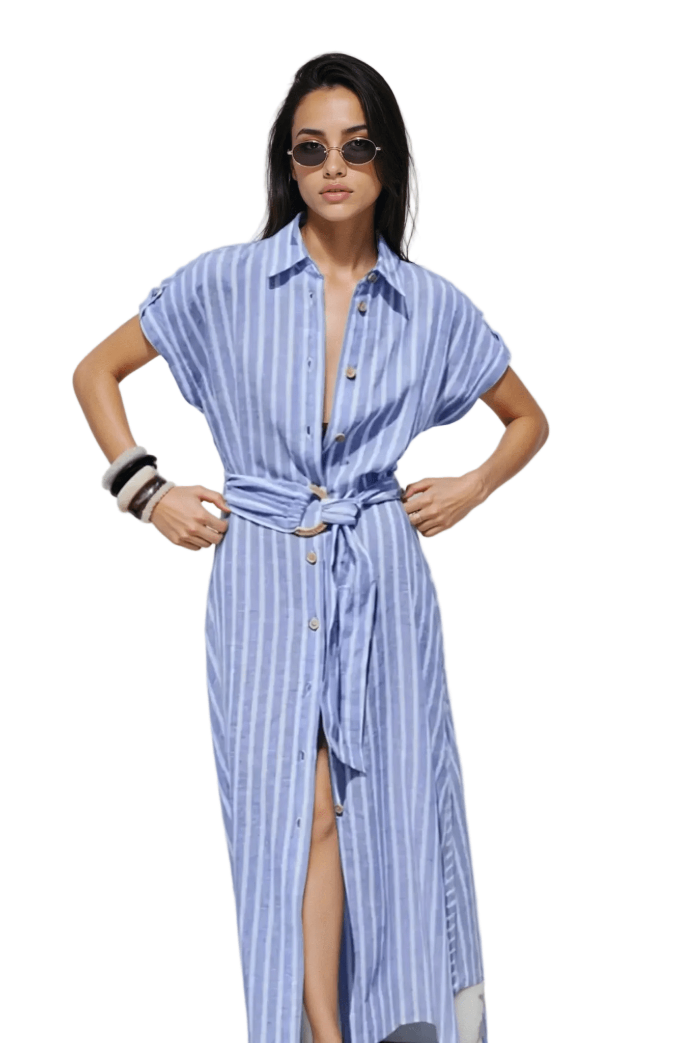 Sukienka maxi w paski z krótkim rękawem – guziki i wiązanie - Arkadya Outlet - Women Maxi Dress