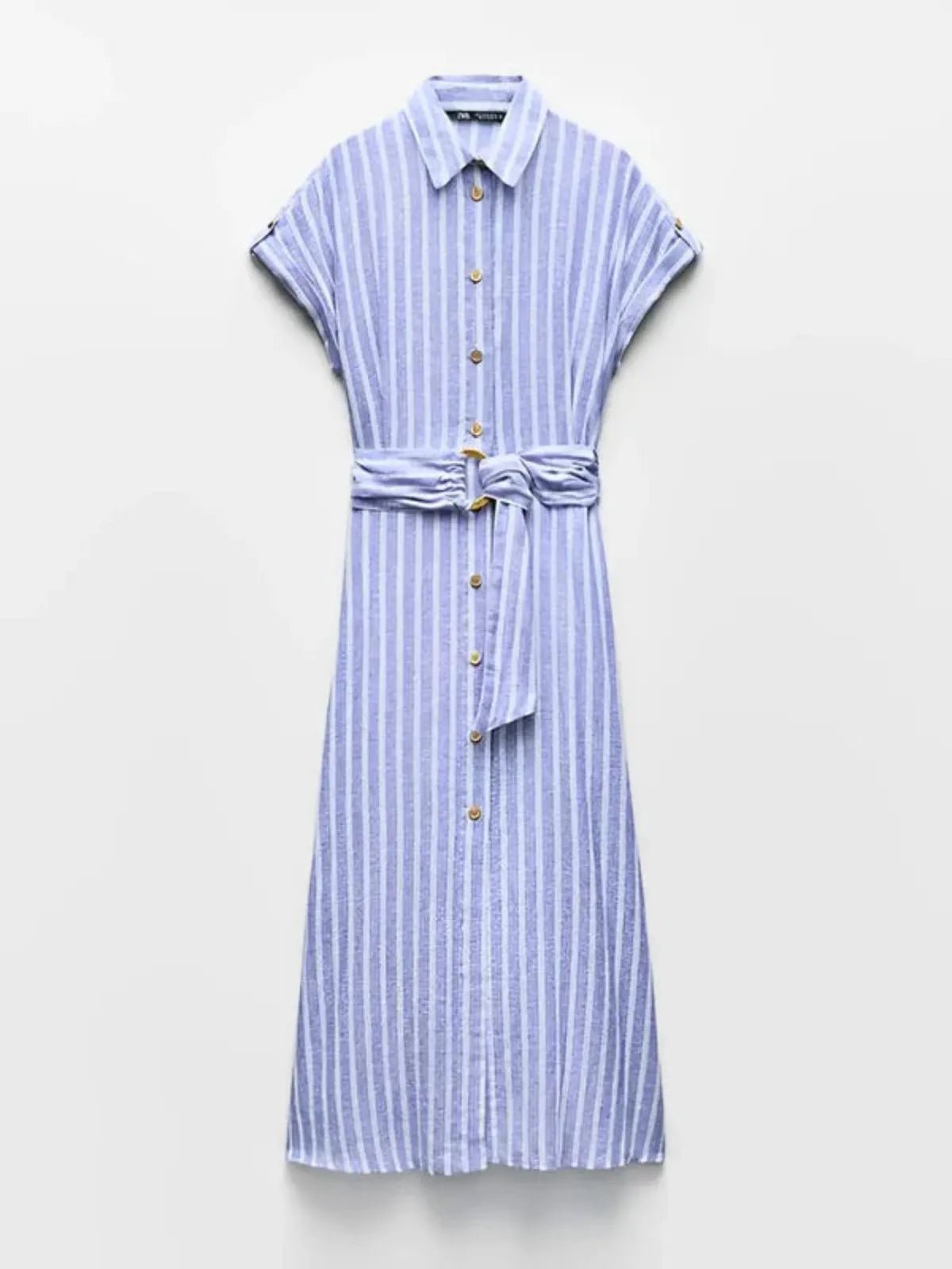 Sukienka maxi w paski z krótkim rękawem – guziki i wiązanie - Arkadya Outlet - Women Maxi Dress