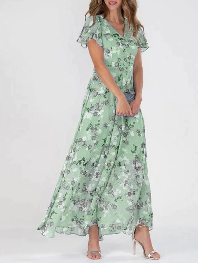 Sukienka maxi z dekoltem V i falbaniastymi rękawami - Arkadya Outlet - Women Maxi Dress