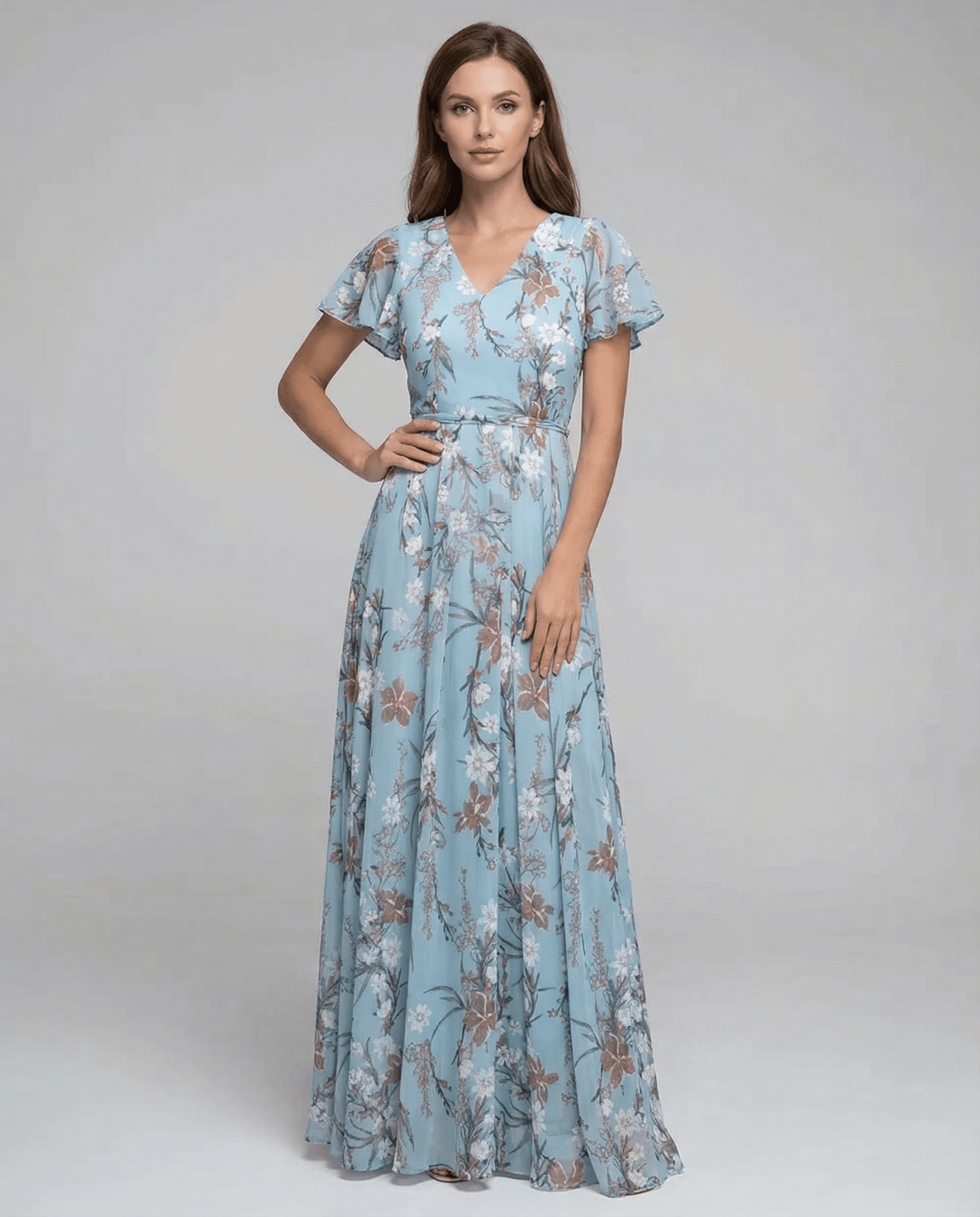 Sukienka maxi z dekoltem V i falbaniastymi rękawami - Arkadya Outlet - Women Maxi Dress