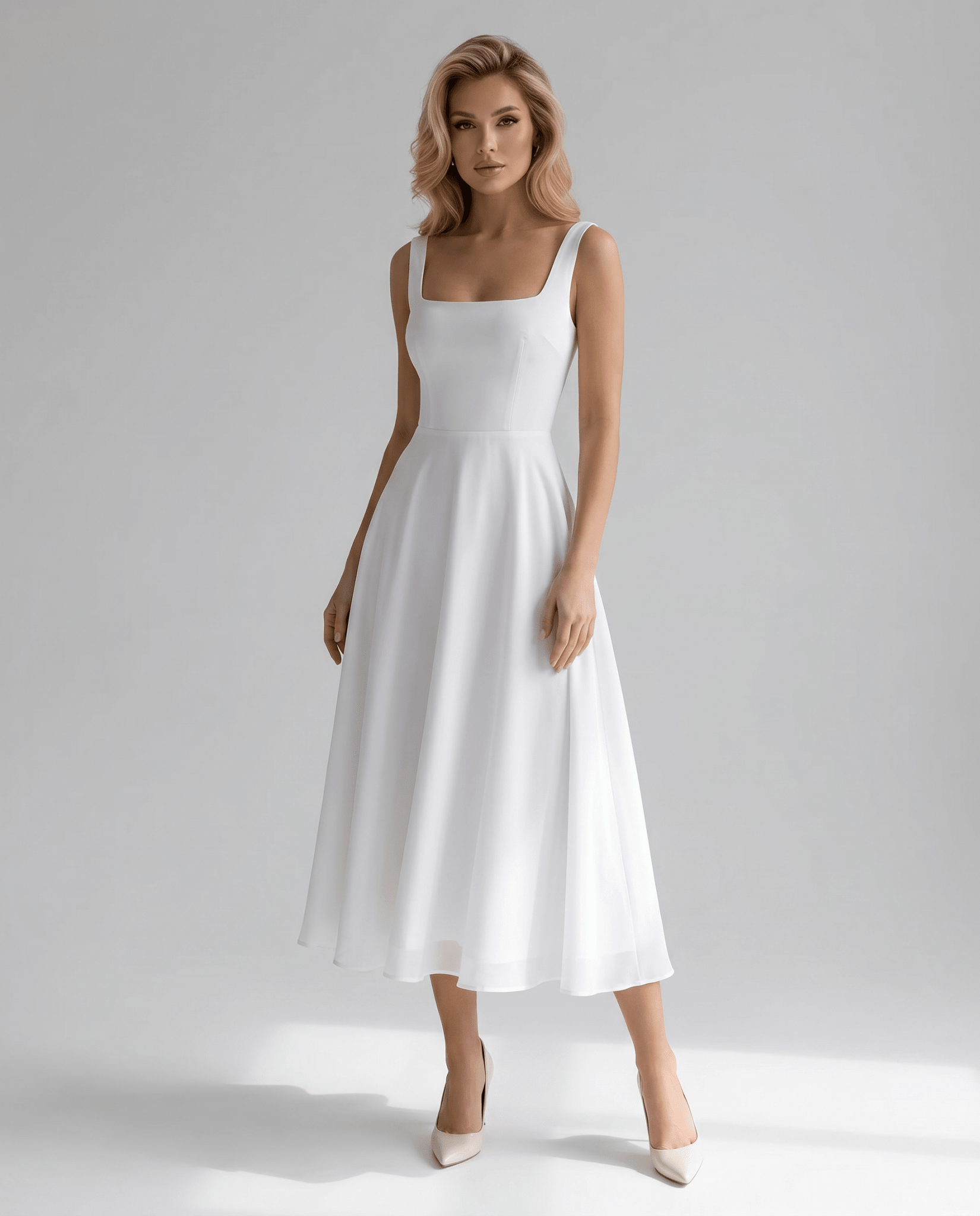 Sukienka midi A - line z kwadratowym dekoltem - Arkadya Outlet - Women Midi Dress