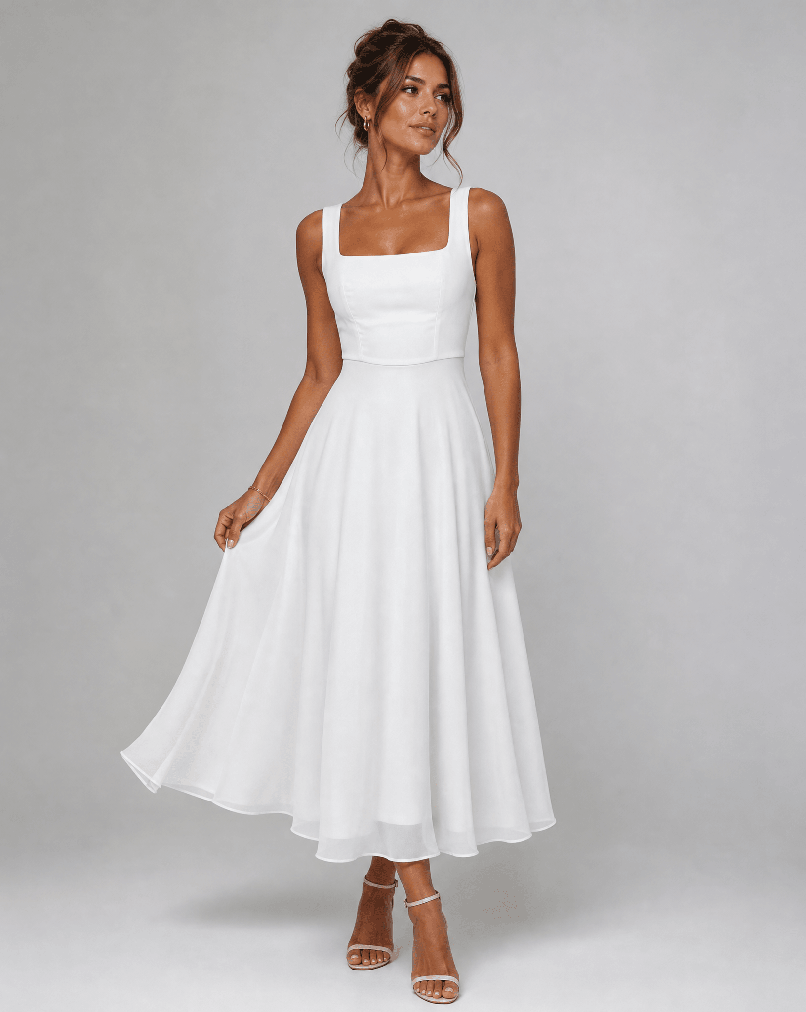 Sukienka midi A - line z kwadratowym dekoltem - Arkadya Outlet - Women Midi Dress