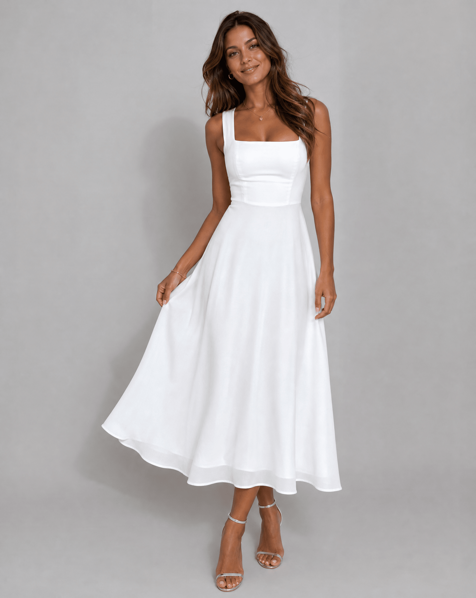 Sukienka midi A - line z kwadratowym dekoltem - Arkadya Outlet - Women Midi Dress