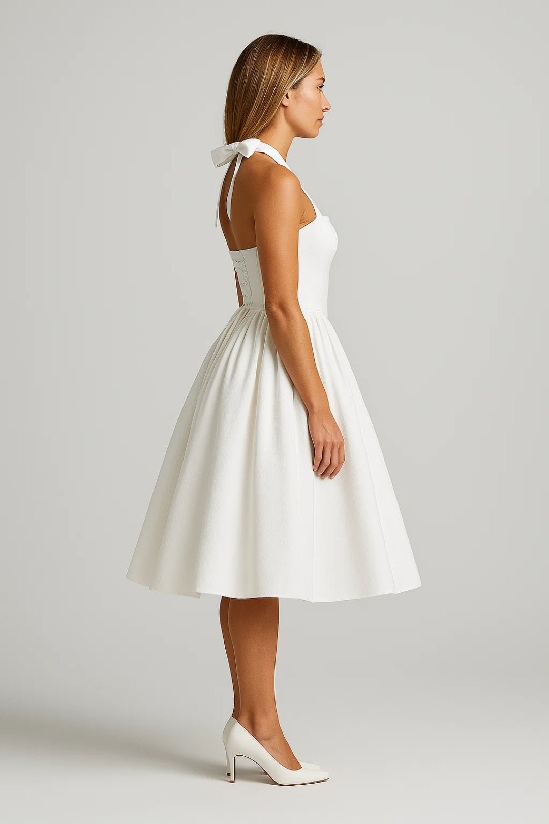 Sukienka midi damska – dekolt halter, rozkloszowany dół - Arkadya Outlet - Women Midi Dress