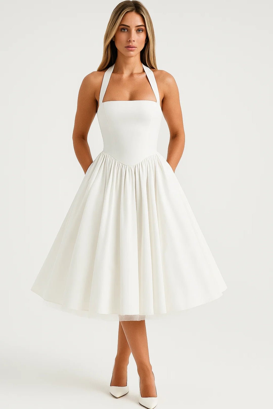 Sukienka midi damska – dekolt halter, rozkloszowany dół - Arkadya Outlet - Women Midi Dress