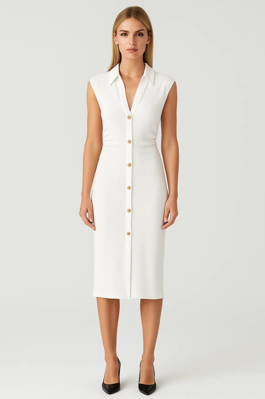 Sukienka midi damska – stójka, guziki, bez rękawów - Arkadya Outlet - Women Midi Dress