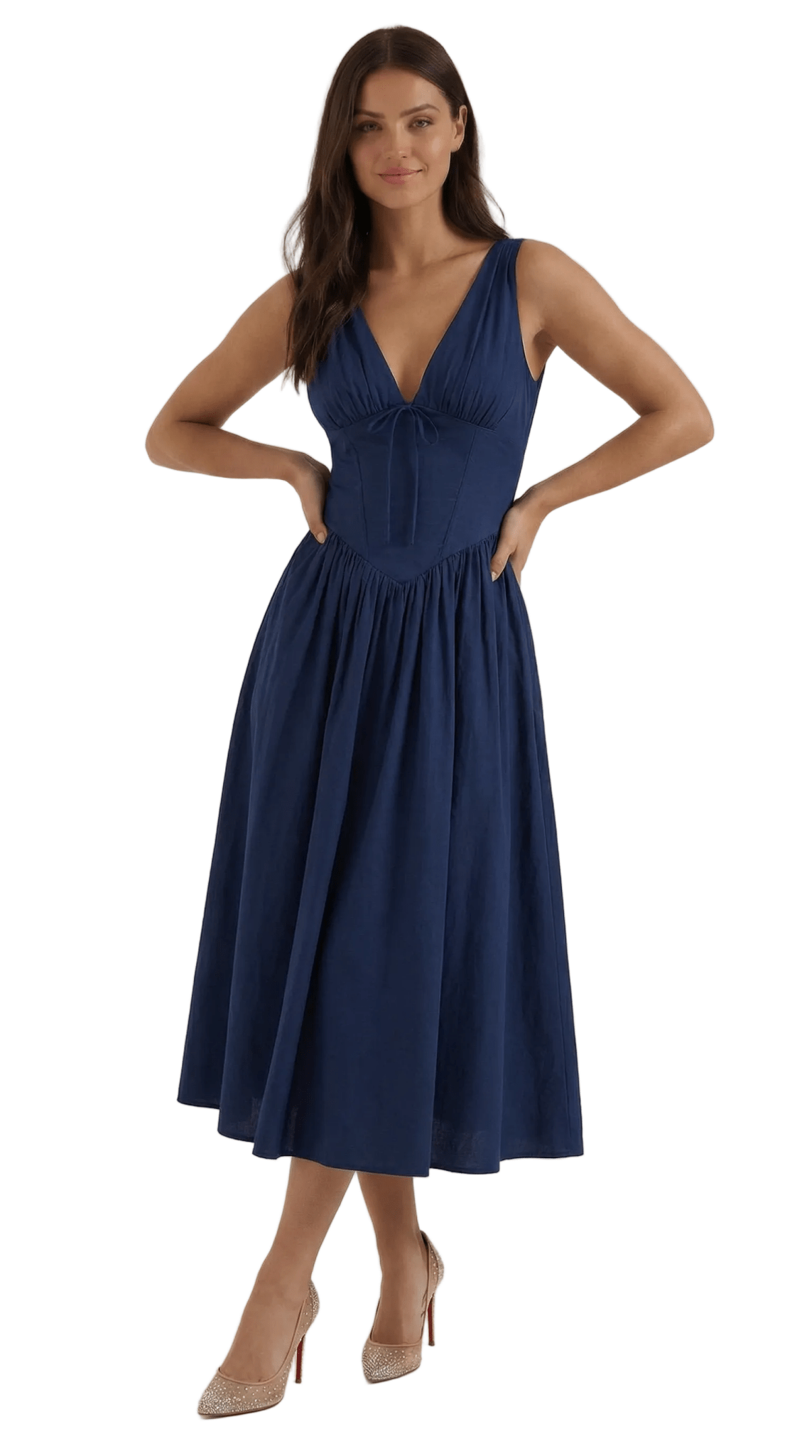 Sukienka midi dekolt V – dopasowana góra, marszczony dół - Arkadya Outlet - Women Midi Dress