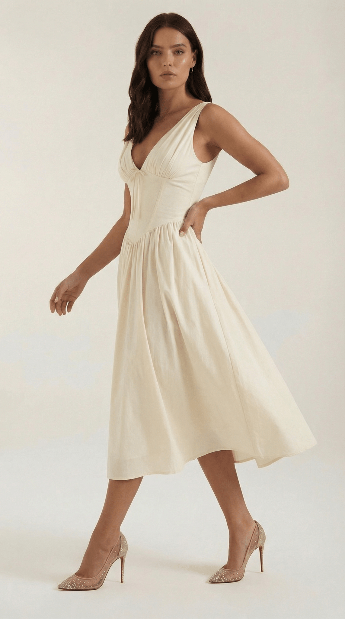 Sukienka midi dekolt V – dopasowana góra, marszczony dół - Arkadya Outlet - Women Midi Dress