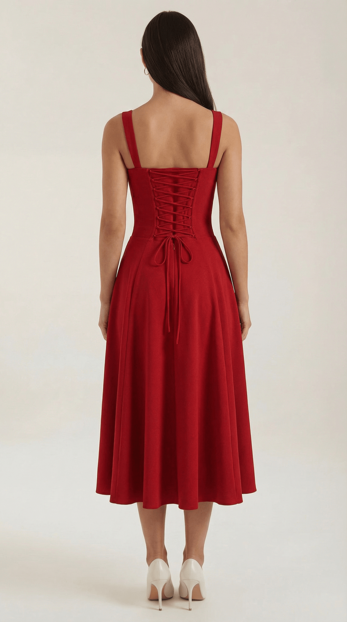 Sukienka midi dekolt w serce – krój A, wiązanie - Arkadya Outlet - Women Midi Dress