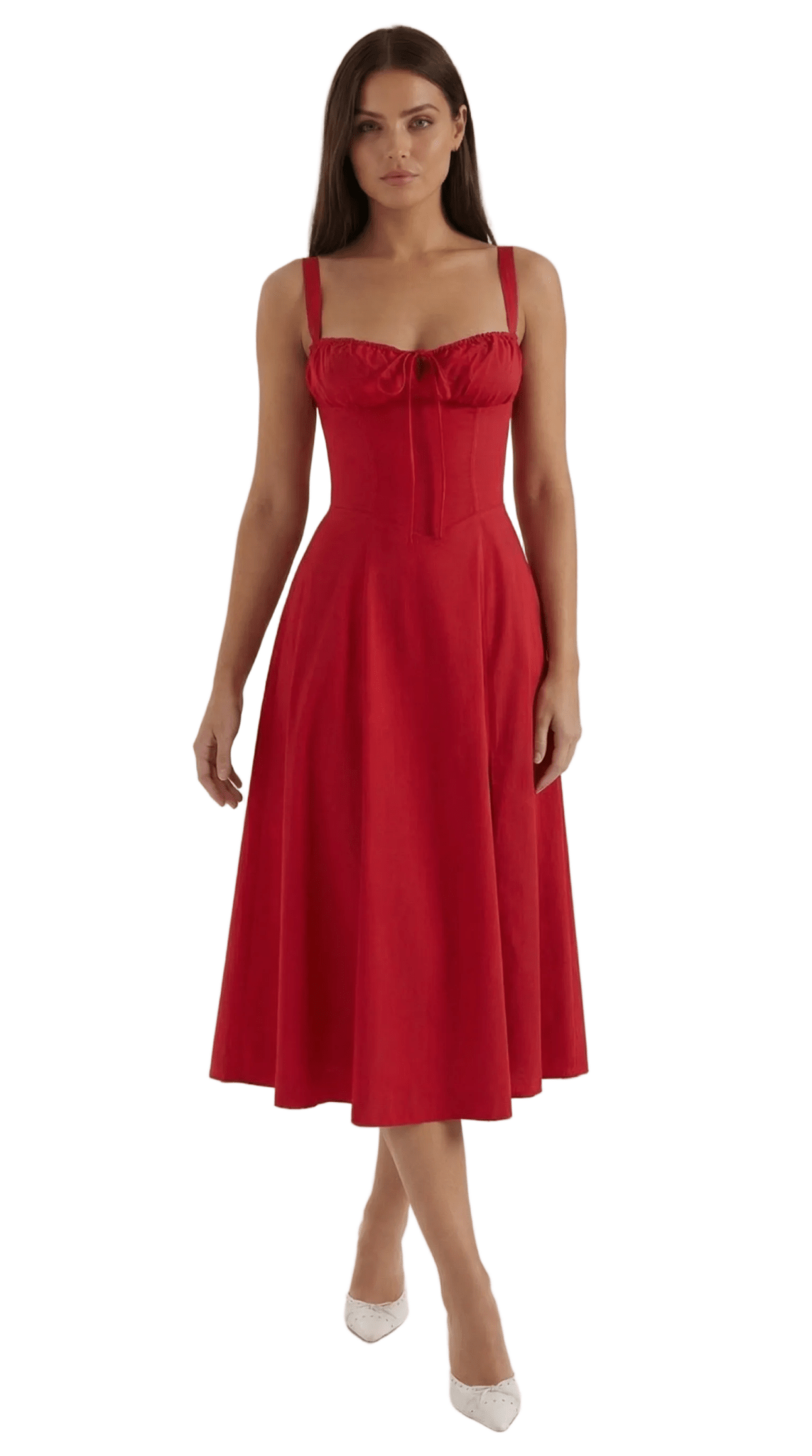 Sukienka midi dekolt w serce – krój A, wiązanie - Arkadya Outlet - Women Midi Dress