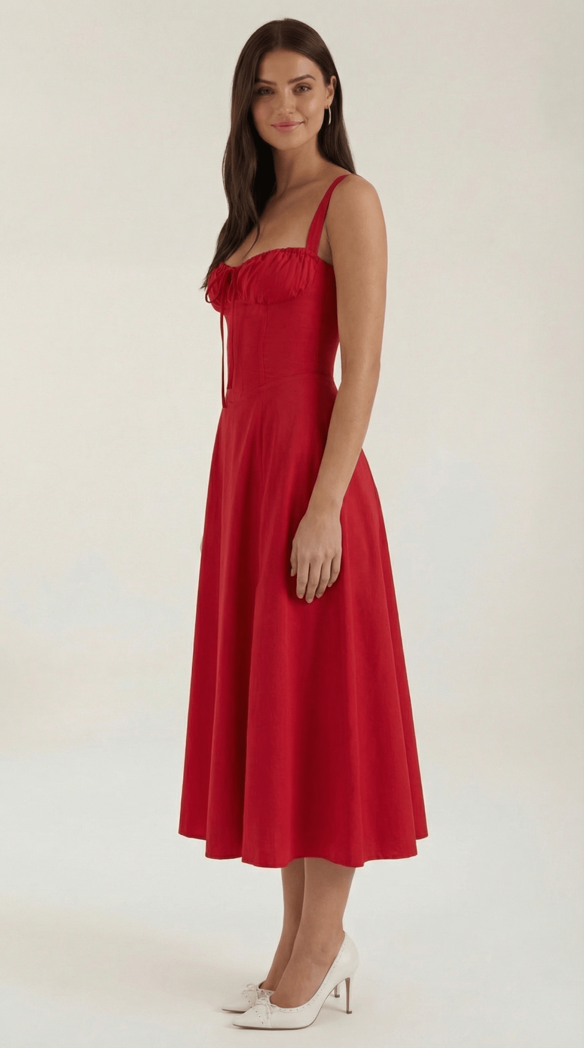 Sukienka midi dekolt w serce – krój A, wiązanie - Arkadya Outlet - Women Midi Dress