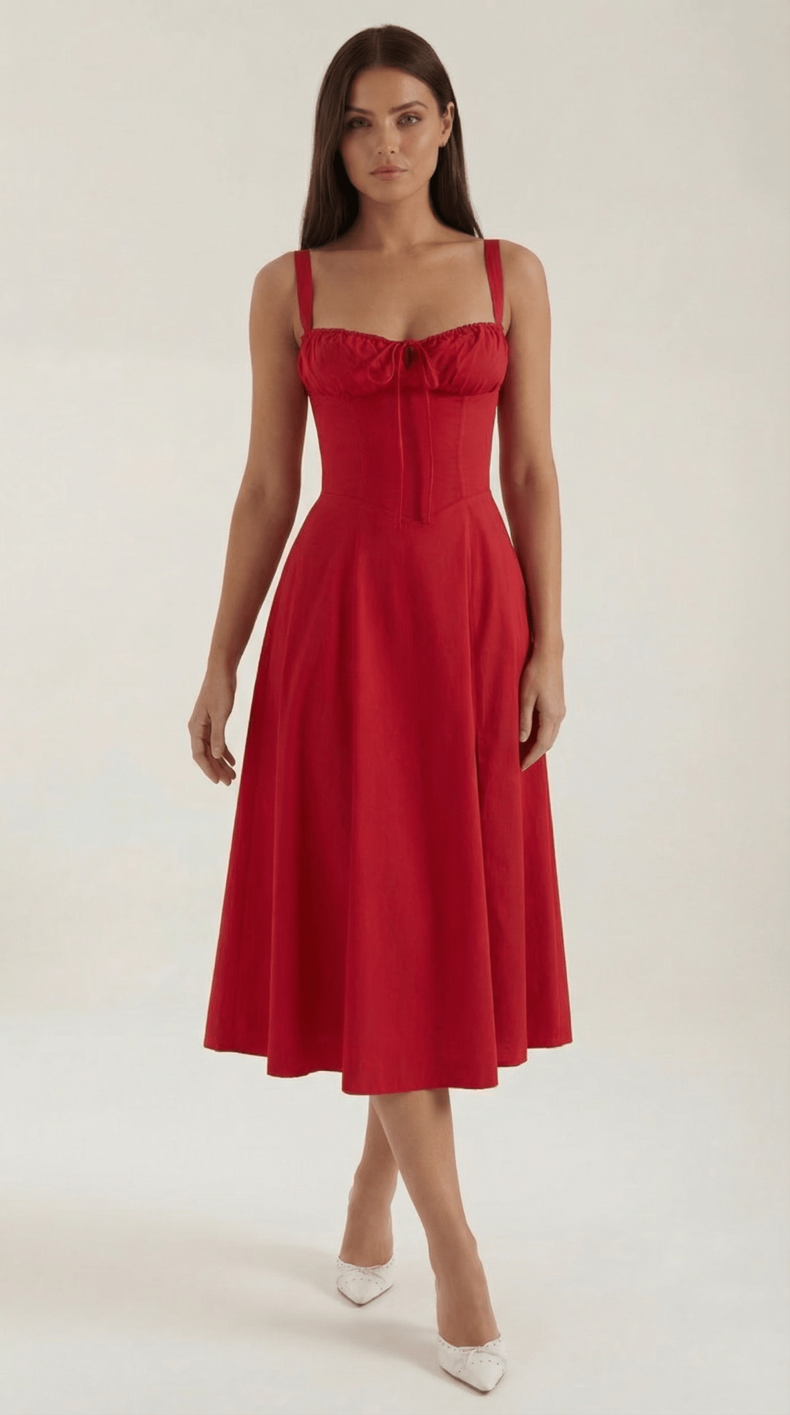 Sukienka midi dekolt w serce – krój A, wiązanie - Arkadya Outlet - Women Midi Dress