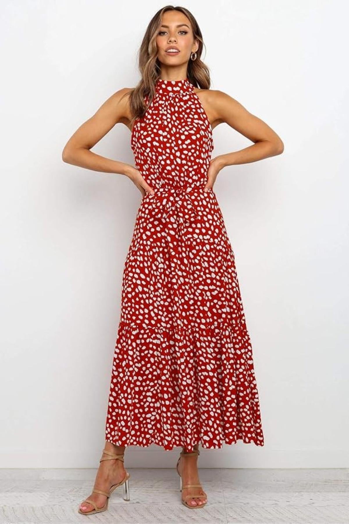 Sukienka midi w grochy halter z wiązaniem w talii - Arkadya Outlet - Women Midi Dress
