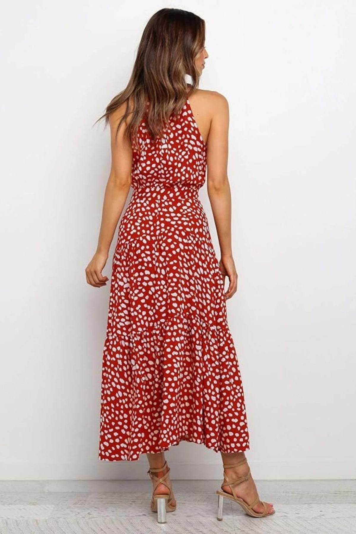 Sukienka midi w grochy halter z wiązaniem w talii - Arkadya Outlet - Women Midi Dress