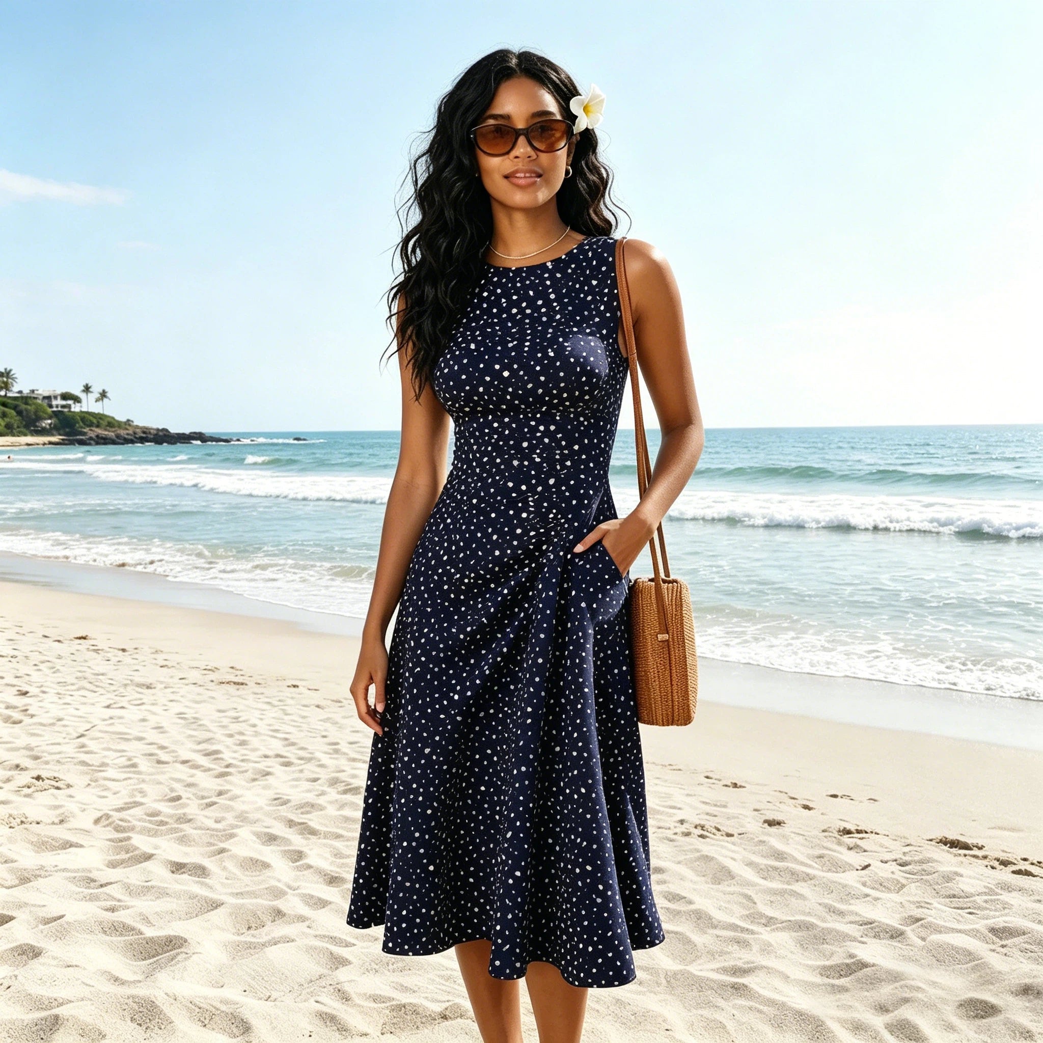 Sukienka midi w grochy rozkloszowana - Arkadya Outlet - Women Midi Dress