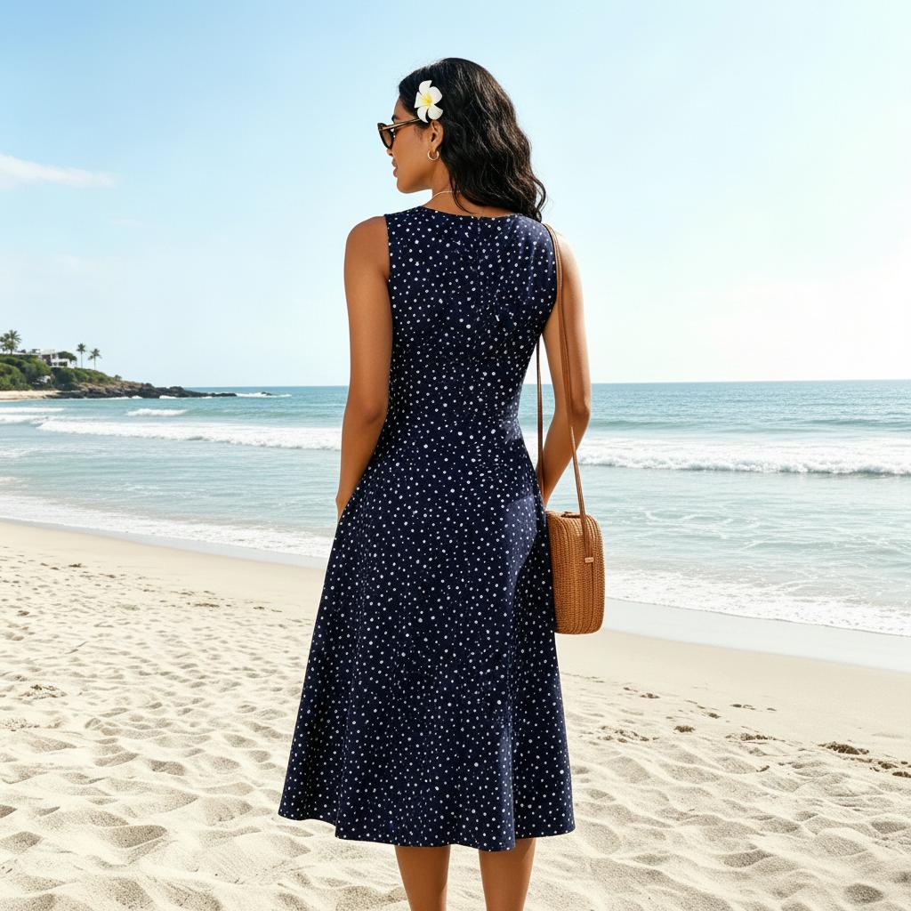 Sukienka midi w grochy rozkloszowana - Arkadya Outlet - Women Midi Dress