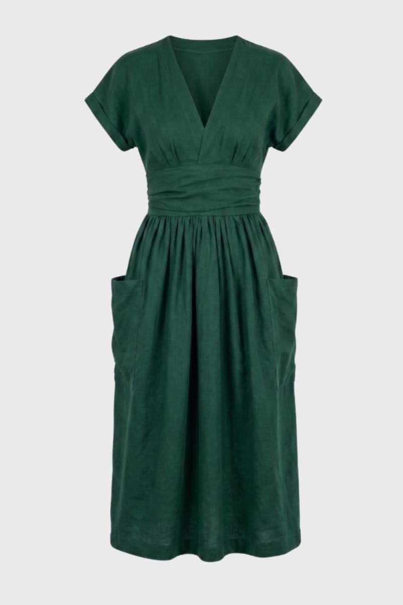 Sukienka midi z dekoltem V i kieszeniami - Arkadya Outlet - Women Midi Dress