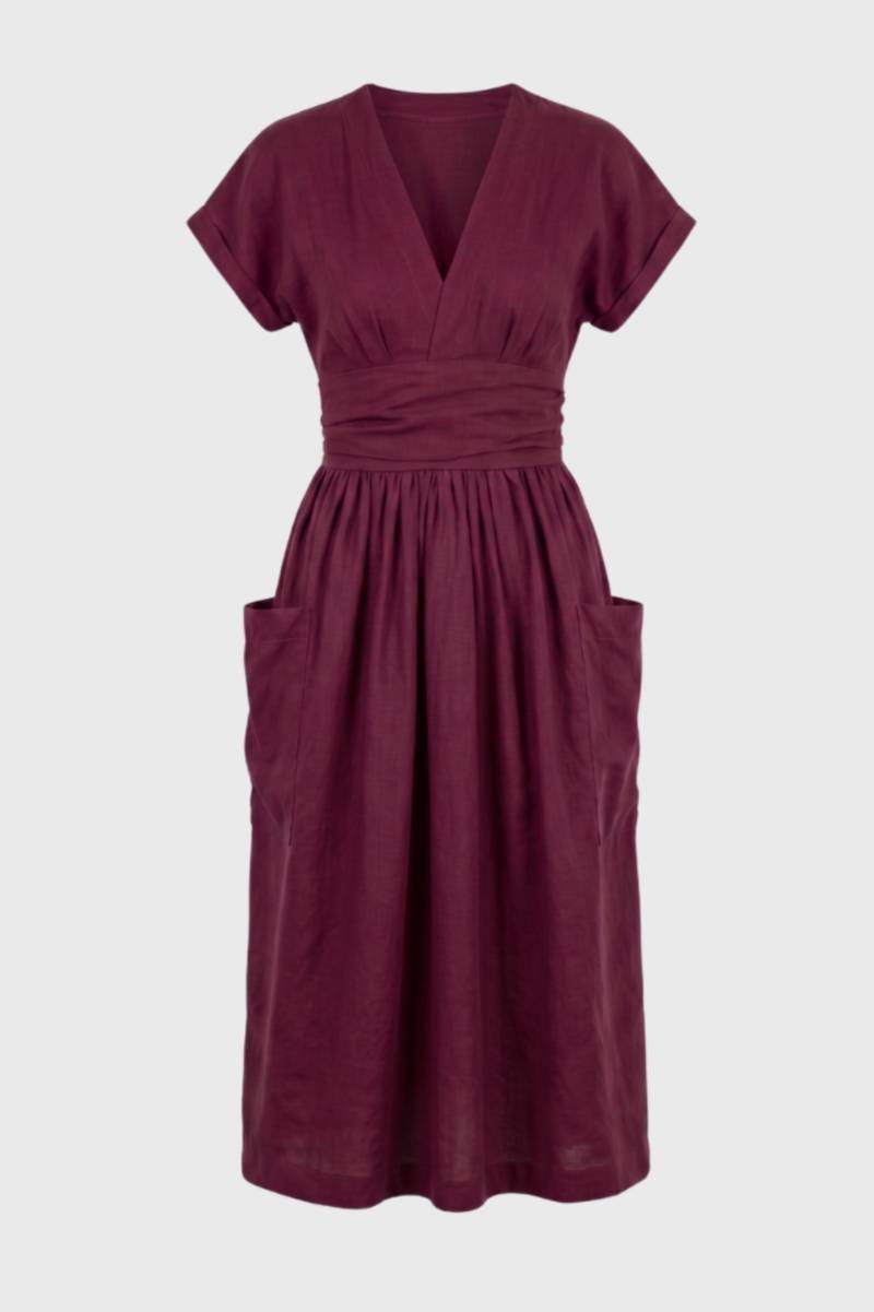 Sukienka midi z dekoltem V i kieszeniami - Arkadya Outlet - Women Midi Dress