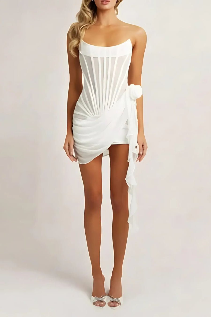 Sukienka mini gorsetowa z drapowanym kwiatem - Arkadya Outlet - Women Mini Dress