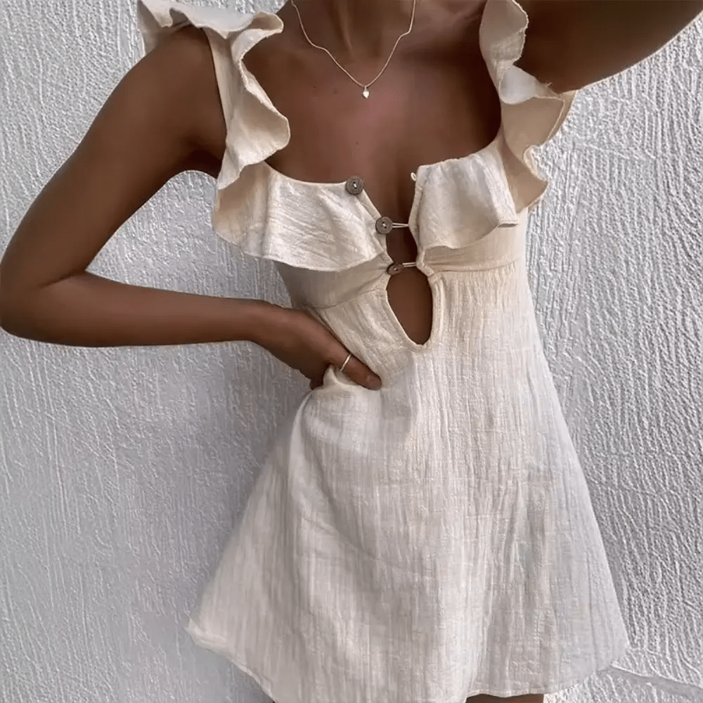 Sukienka mini z dekoltem w serek – falbaniaste ramiączka - Arkadya Outlet - Women Mini Dress