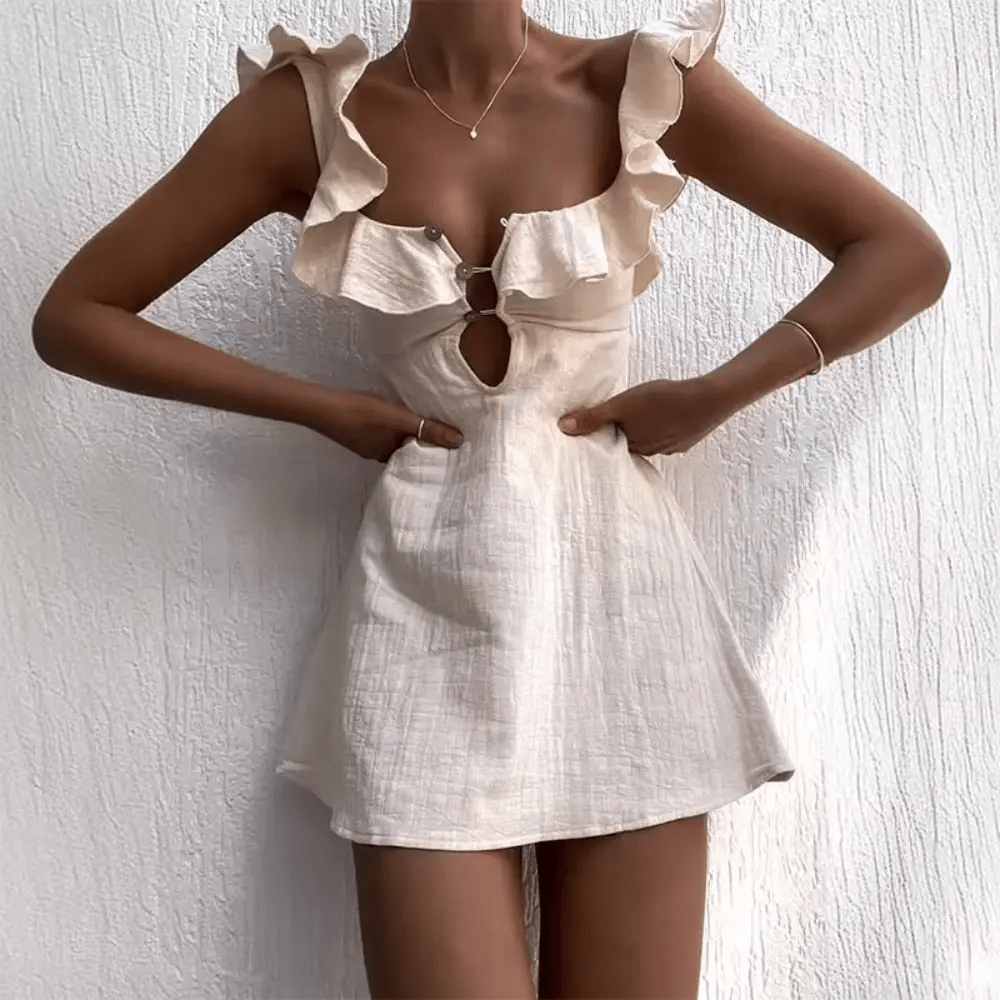 Sukienka mini z dekoltem w serek – falbaniaste ramiączka - Arkadya Outlet - Women Mini Dress