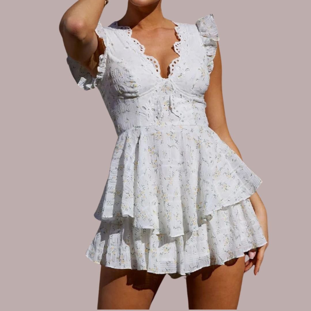 Sukienka mini z haftem ażurowym i dekoltem V - Arkadya Outlet - Women Mini Dress