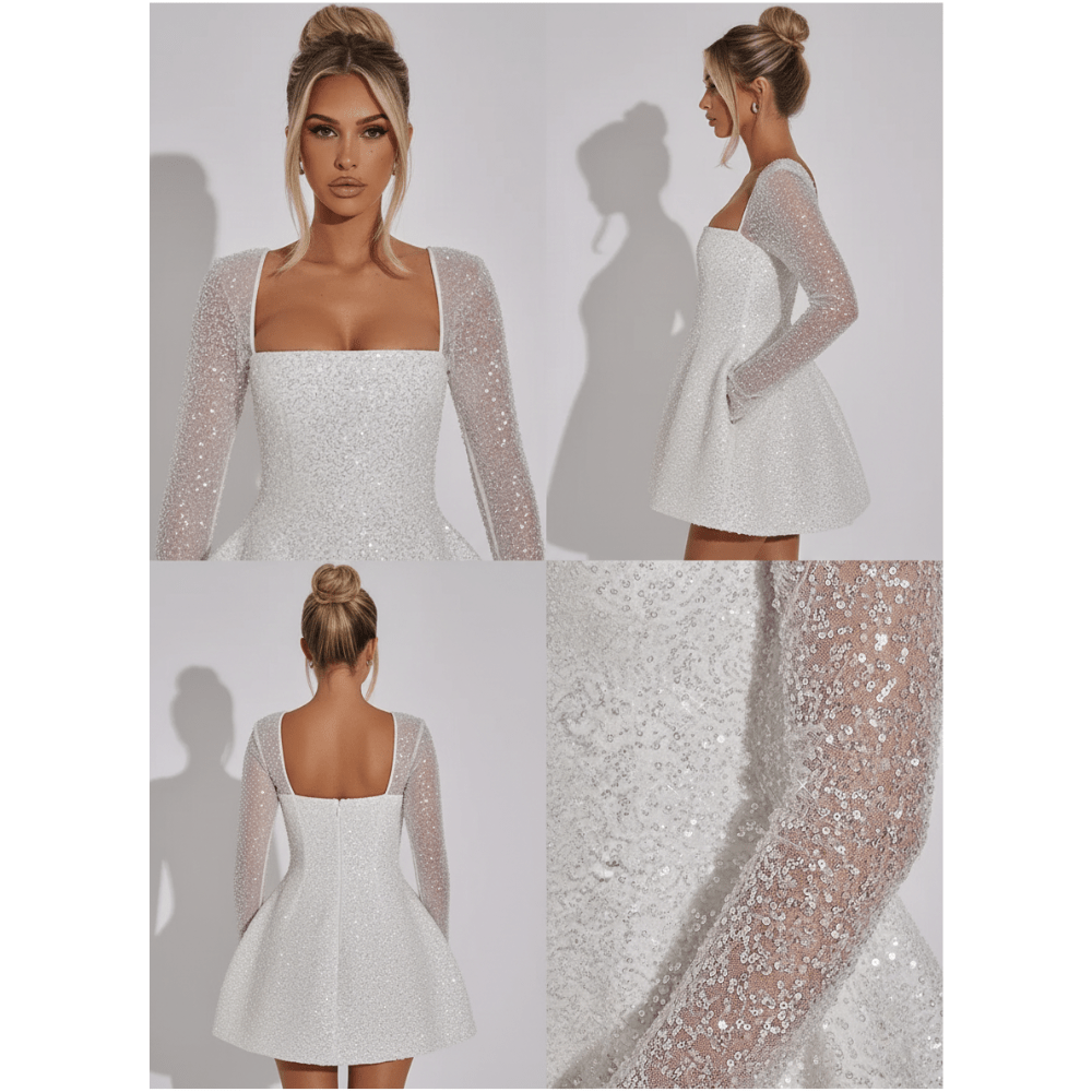 Suknia balowa damska mini z długim rękawem i cekinami – dopasowany krój - Arkadya Outlet - Women Mini Dress