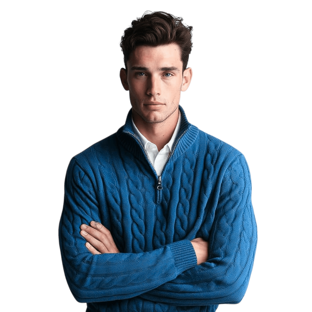Sweter męski dzianinowy z kołnierzem na zamek dopasowany krój - Arkadya Outlet - Men Sweater