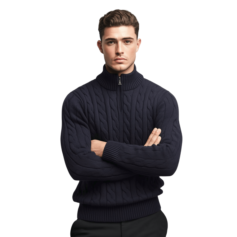 Sweter męski dzianinowy z kołnierzem na zamek dopasowany krój - Arkadya Outlet - Men Sweater