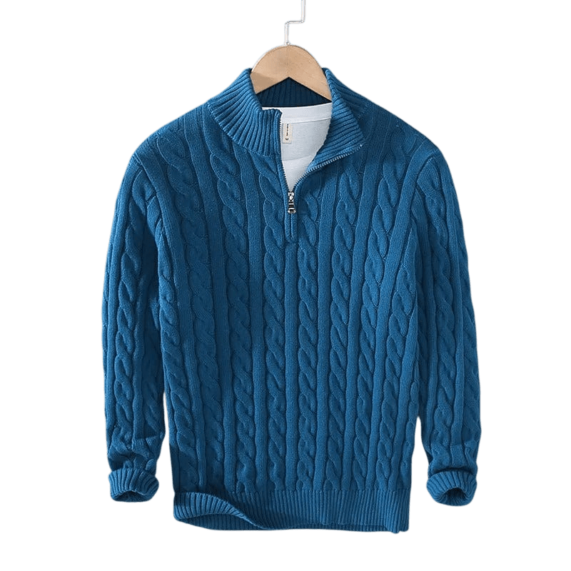 Sweter męski dzianinowy z kołnierzem na zamek dopasowany krój - Arkadya Outlet - Men Sweater
