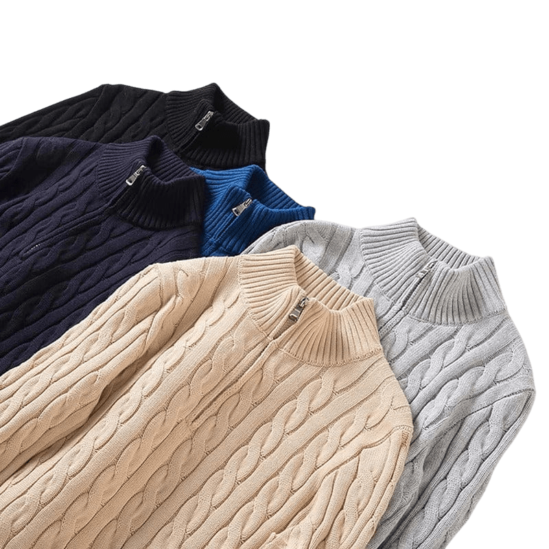Sweter męski dzianinowy z kołnierzem na zamek dopasowany krój - Arkadya Outlet - Men Sweater