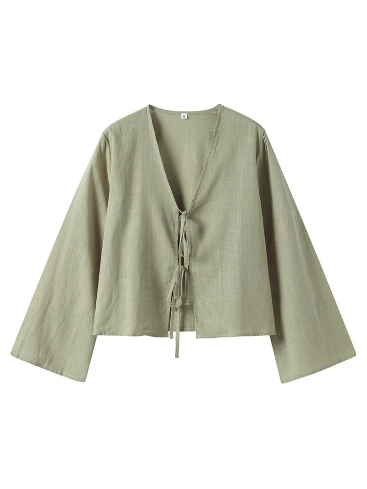 Top Damski Krótki Lniany Wiązanie Przód Dopasowany Krój - Arkadya Outlet - Women Top