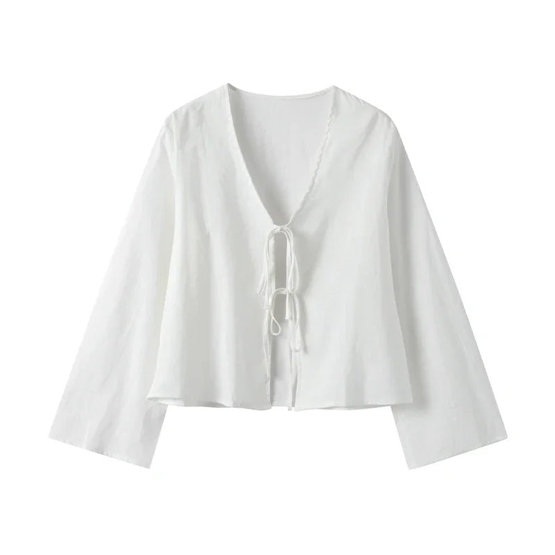 Top damski krótki z bufiastymi rękawami i wiązaniem - Arkadya Outlet - Women Top