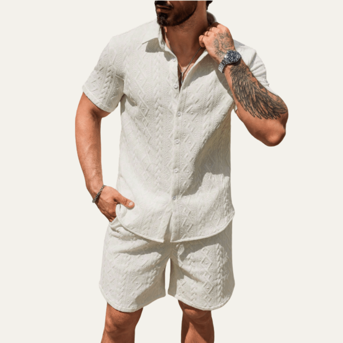Zestaw męski teksturowany z szortami - Arkadya Outlet - Men Set