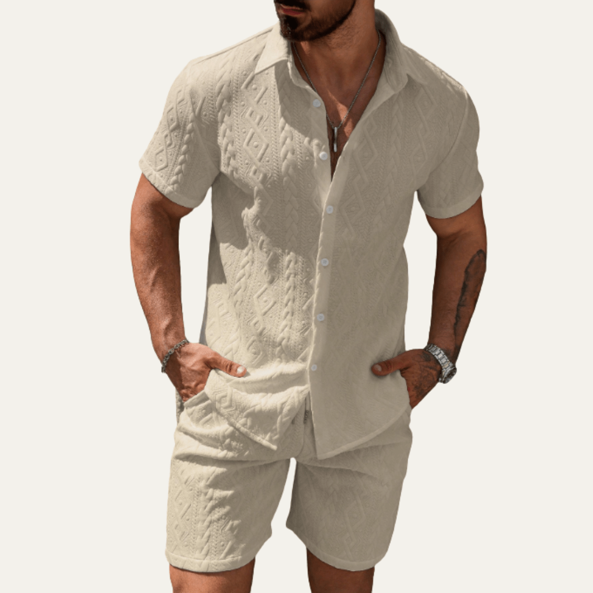 Zestaw męski teksturowany z szortami - Arkadya Outlet - Men Set