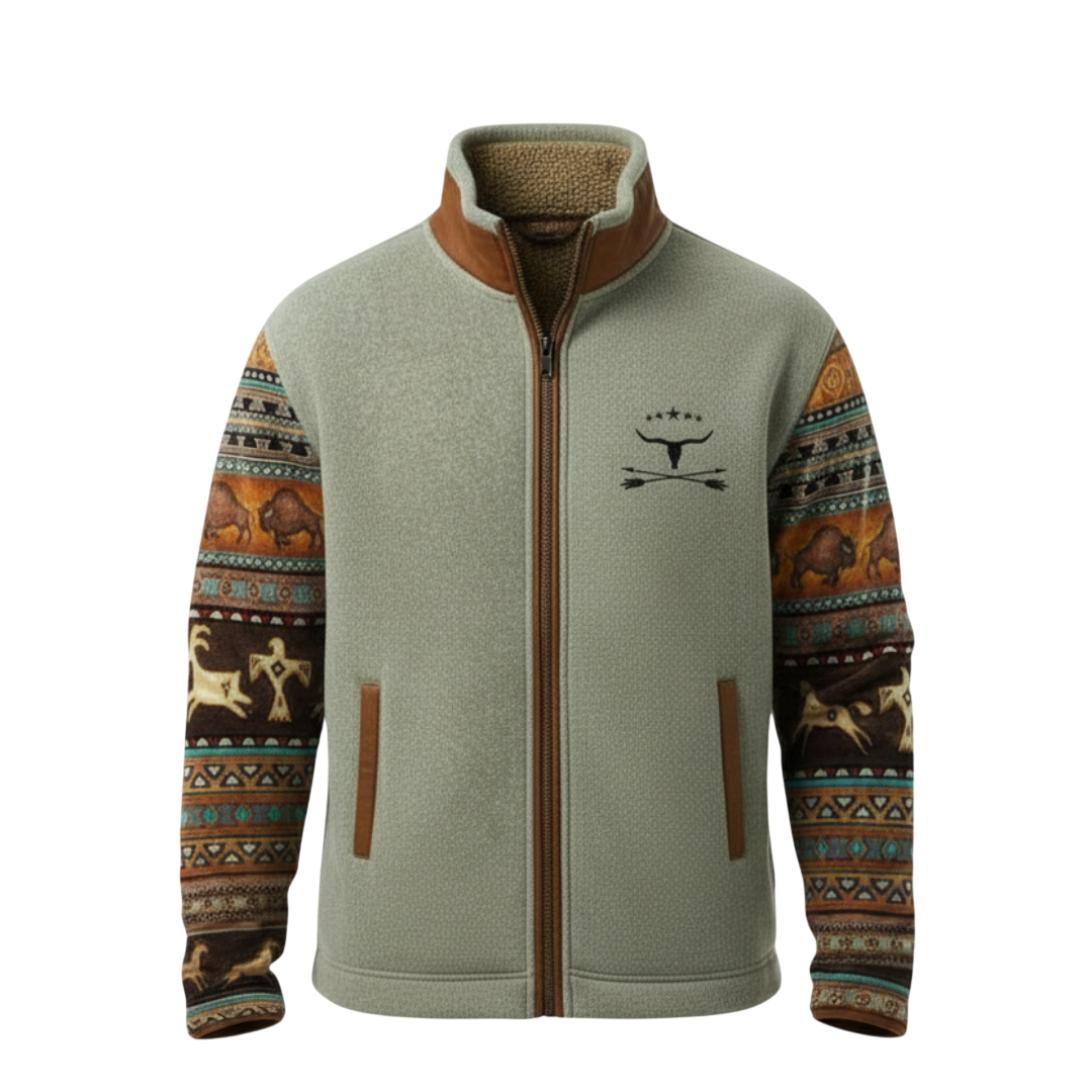 Arkadya Outlet Kurtka Męska Prosty Krój to jasnozielona bluza polarowa z brązowymi wykończeniami, wzorzystymi rękawami w zwierzęcym i geometrycznym stylu Southwestern oraz grafiką kokardy i strzałki na piersi zwieńczoną trzema gwiazdkami.
