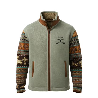 Arkadya Outlet Kurtka Męska Prosty Krój to jasnozielona bluza polarowa z brązowymi wykończeniami, wzorzystymi rękawami w zwierzęcym i geometrycznym stylu Southwestern oraz grafiką kokardy i strzałki na piersi zwieńczoną trzema gwiazdkami.