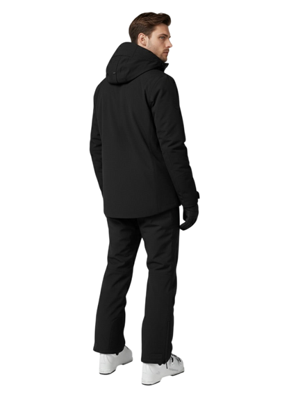 Mężczyzna odwrócony tyłem, ubrany w koszulkę Arkadya Outlet Kurtka Zewnętrzna Męska Wodoodporna Zapięcie na Zamek, czarne spodnie, czarne rękawiczki i białe trampki na białym tle.