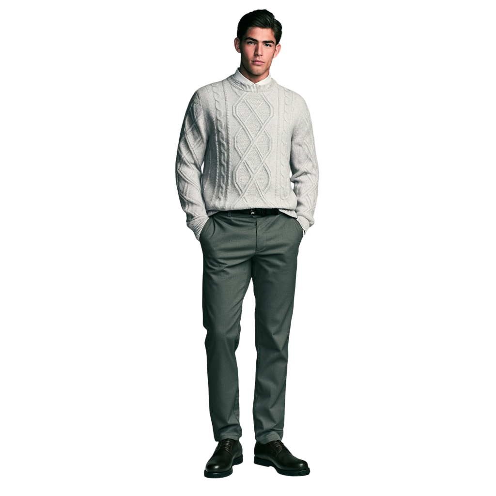 Mężczyzna stoi z rękami w kieszeniach, ubrany w Arkadya Outlet Sweter męski dekolt okrągły warkoczowy standardowy krój całoroczny, oliwkowozielone spodnie i ciemnobrązowe buty na białym tle.