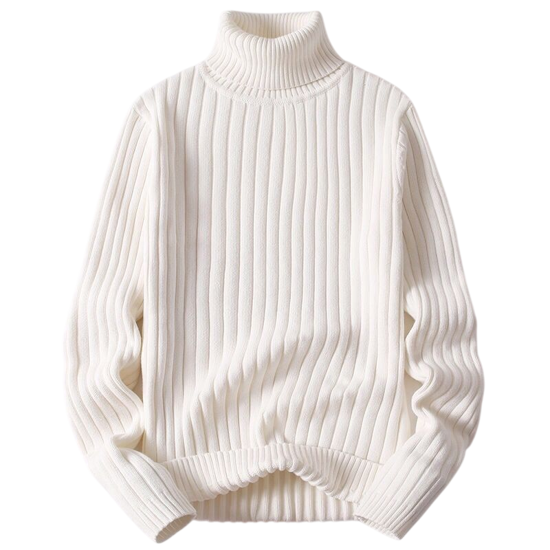 Arkadya Outlet Golf męski długi rękaw sweter dzianinowy to biały, prążkowany sweter z długimi rękawami, luźnym krojem i grubą, przytulną fakturą, pokazany na płasko na gładkim, jasnym tle.