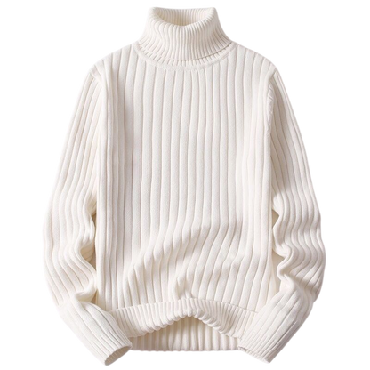 Arkadya Outlet Golf męski długi rękaw sweter dzianinowy to biały, prążkowany sweter z długimi rękawami, luźnym krojem i grubą, przytulną fakturą, pokazany na płasko na gładkim, jasnym tle.