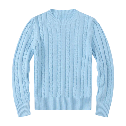 Arkadya Outlet Sweter męski dzianinowy o regularnym kroju, z okrągłym dekoltem i długim rękawem, w kolorze jasnoniebieskim. Posiada ściągacze przy mankietach i na dole, prezentowany na białym tle.