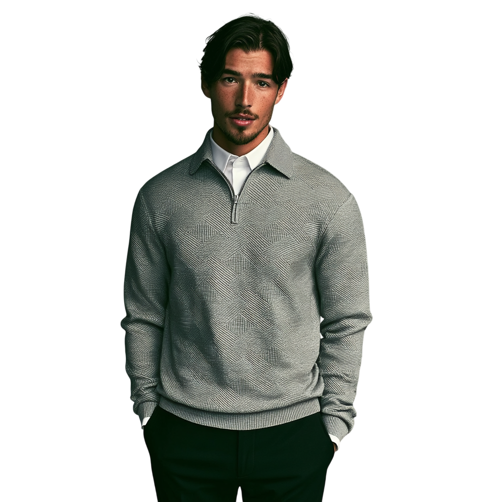 Szary męski sweter z dzianiny z zamkiem 1/4 i kołnierzem, długi rękaw, subtelna faktura materiału