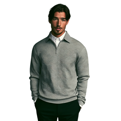 Szary męski sweter z dzianiny z zamkiem 1/4 i kołnierzem, długi rękaw, subtelna faktura materiału