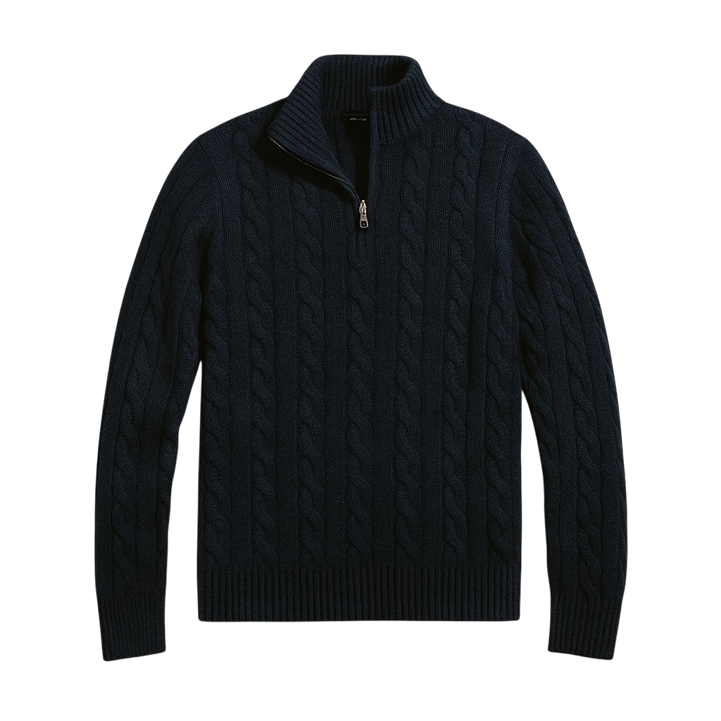 Granatowy męski sweter z dzianiny warkoczowej, kołnierz typu stójka, zamek 1/4, klasyczny krój