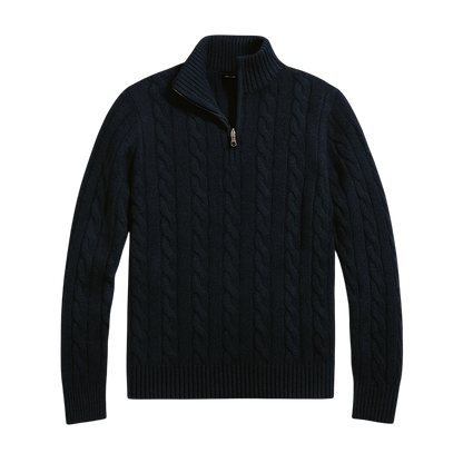 Granatowy męski sweter z dzianiny warkoczowej, kołnierz typu stójka, zamek 1/4, klasyczny krój