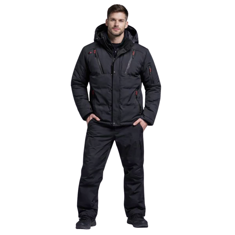 Męski zestaw narciarski: kurtka z kapturem i spodnie, kolor czarny.
